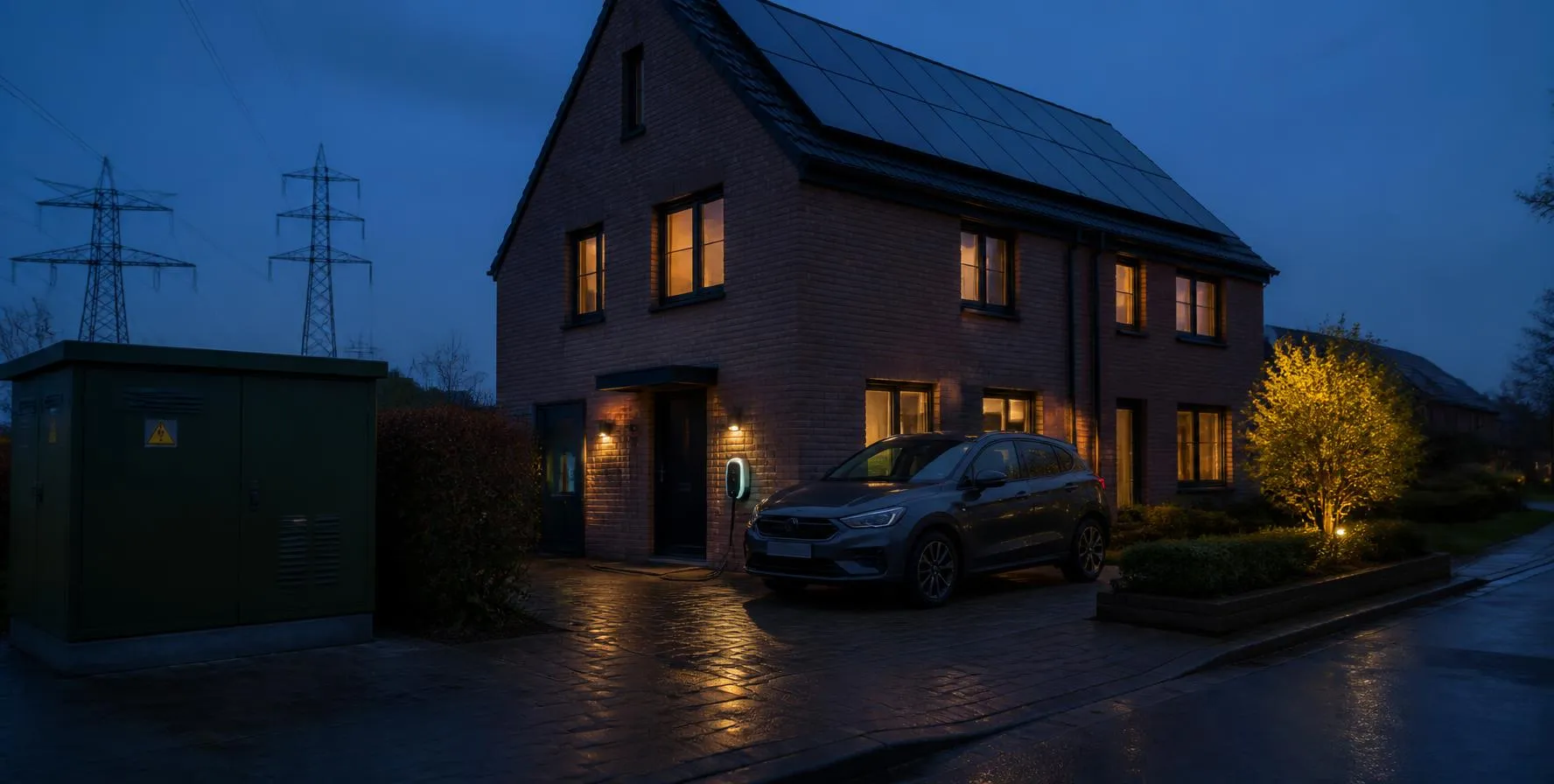 Een Nederlands huis in de avondschemering met een bidirectionele laadpaal aan de gevel, een elektrische auto op de oprit, een trafohuisje en hoogspanningsmasten